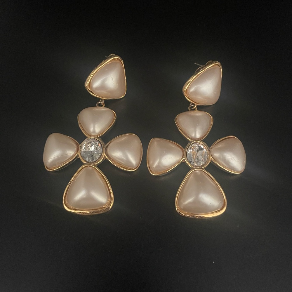 CHANEL Gold and Cream Floral Earrings with Crystal Center